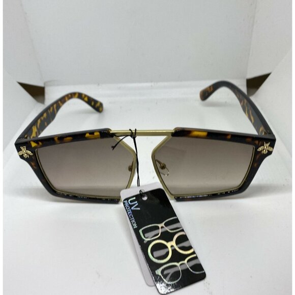 Retro Sunglasses Tortoise Brown and Gold Frame Brown Lens Gold Bumblebee Detail - Picture 1 of 7